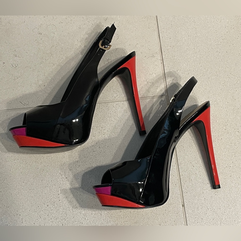 Guess black patent leather sling back heels orange and pink detail